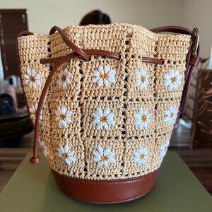 Sezane Mini Farrow Raphia Bag Small Bucket Bag Embroidered Flowers